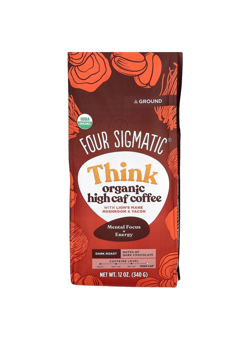 Think, Organic High Caf Coffee with Lion's Mane Mushroom & Yacon, Ground, Dark Roast, 12 oz (340 g)
